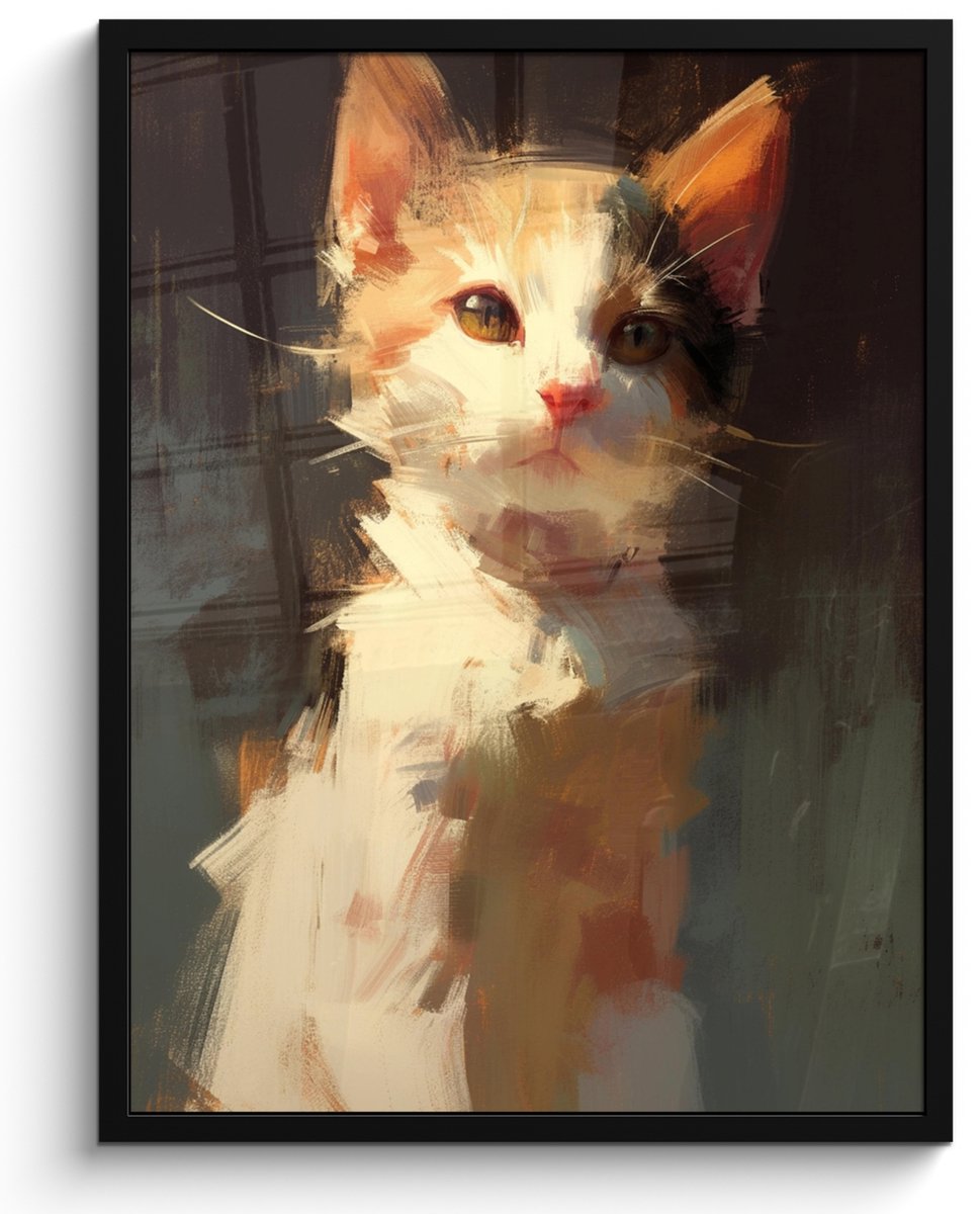FrameYourWall Poster in lijst - Fotolijst 50x70 cm - Posters - Kat - Geschilderd - Artistiek - Wit - Posterlijst zwart - Decoratie - Wanddecoratie woonkamer - Muurdecoratie slaapkamer
