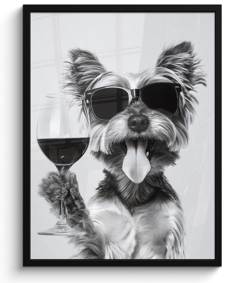 FrameYourWall Poster in lijst - Fotolijst 50x70 cm - Posters - Hondje - Wijnglas - Zonnebril - Enthousiast - Posterlijst zwart - Decoratie - Wanddecoratie woonkamer - Muurdecoratie slaapkamer