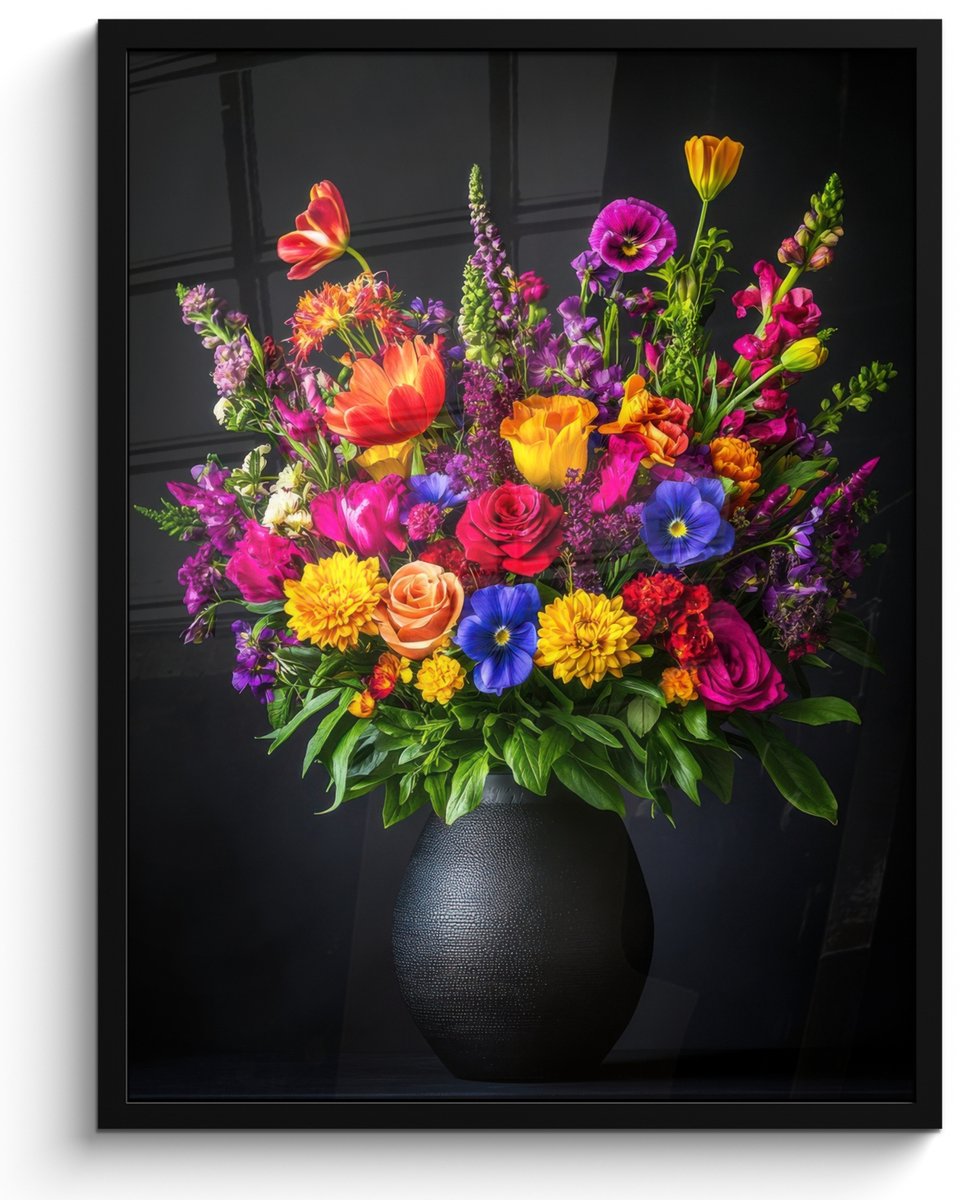 FrameYourWall Poster in lijst - Fotolijst 50x70 cm - Posters - Felgekleurd - Bloemen - Vaas - Posterlijst zwart - Decoratie - Wanddecoratie woonkamer - Muurdecoratie slaapkamer Boeket - Bloemen 3
