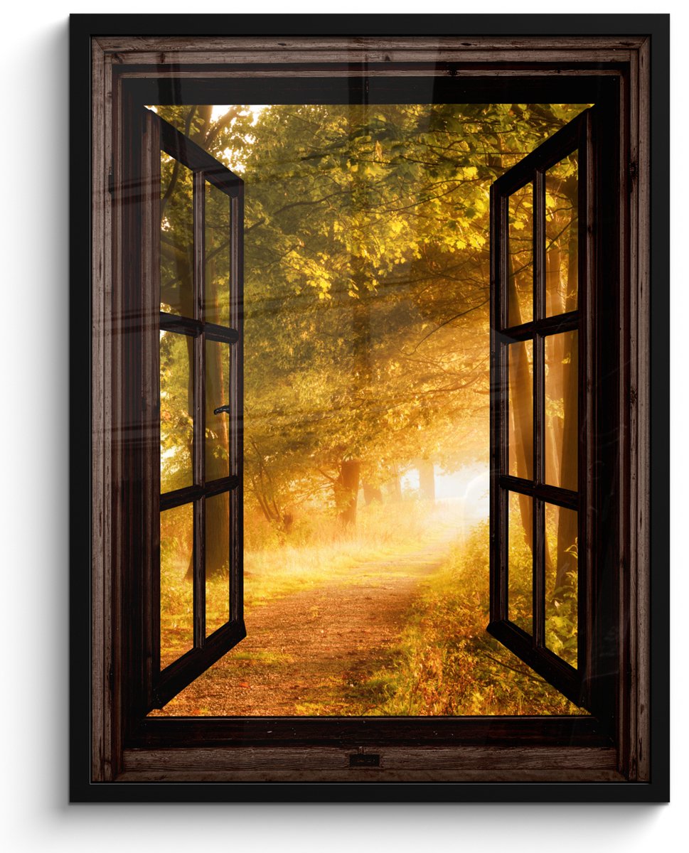 FrameYourWall Poster in lijst - Fotolijst 50x70 cm - Posters - Bos - Bomen - Zonlicht - Herfst - Bospad - Natuur - Doorkijk - Posterlijst zwart - Decoratie - Wanddecoratie woonkamer - Muurdecoratie slaapkamer Bruin