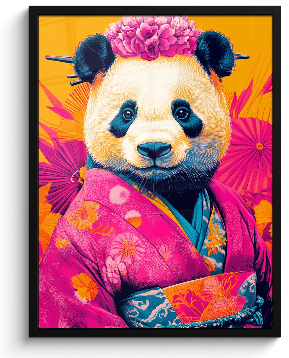 FrameYourWall Poster in lijst - Fotolijst 50x70 cm - Posters - Kimono - Roze - Panda - Bloemenkroon - Posterlijst zwart - Decoratie - Wanddecoratie woonkamer - Muurdecoratie slaapkamer