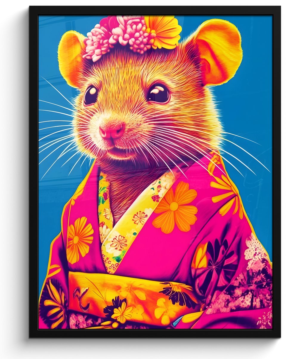 FrameYourWall Poster in lijst - Fotolijst 50x70 cm - Posters - Muis - Kimono - Bloemen - Blauw - Posterlijst zwart - Decoratie - Wanddecoratie woonkamer - Muurdecoratie slaapkamer