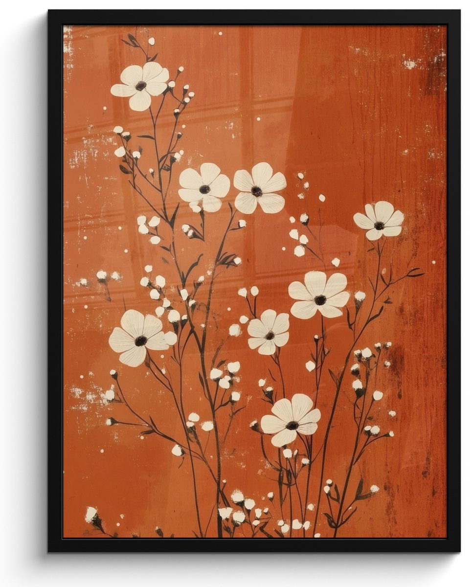 FrameYourWall Poster in lijst - Fotolijst 50x70 cm - Posters - Bloemen - Wit - Subtiel - Roestkleur - Posterlijst zwart - Decoratie - Wanddecoratie woonkamer - Muurdecoratie slaapkamer Bloem - Minimalistisch