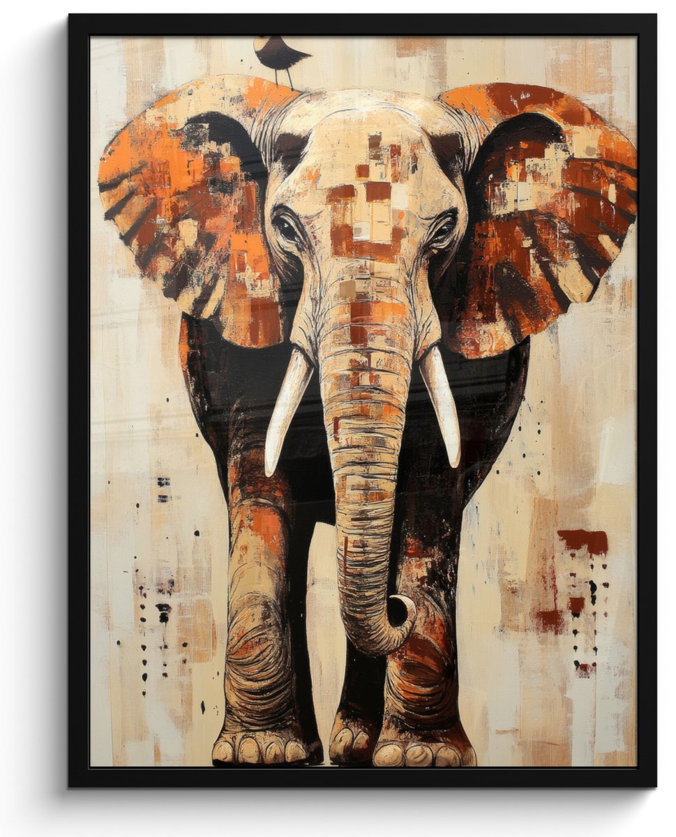 FrameYourWall Poster in lijst - Fotolijst 50x70 cm - Posters - Olifant - Slurf - Mozaïek - Abstract - Posterlijst zwart - Decoratie - Wanddecoratie woonkamer - Muurdecoratie slaapkamer
