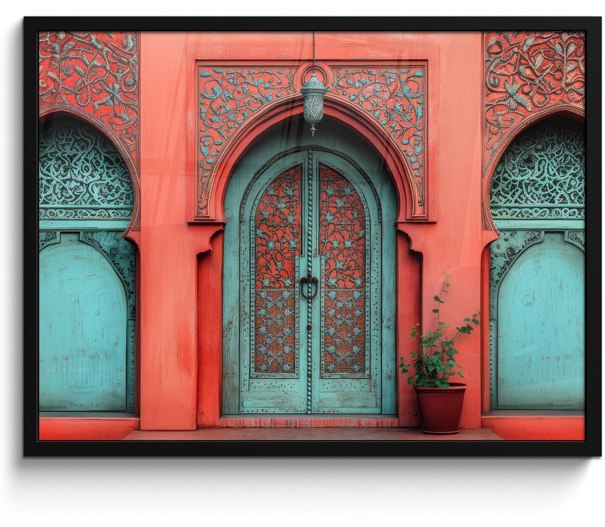 FrameYourWall Poster in lijst - Fotolijst 70x50 cm - Posters - Lantaarn - Deur - Turquoise - Posterlijst zwart - Decoratie - Wanddecoratie woonkamer - Muurdecoratie slaapkamer Deur - Kleurrijk
