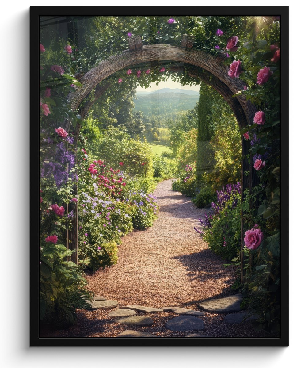 FrameYourWall Poster in lijst - Fotolijst 50x70 cm - Posters - Doorkijk - Bloemen - Natuur - Rozenboog - Posterlijst zwart - Decoratie - Wanddecoratie woonkamer - Muurdecoratie slaapkamer Poort - Bloemen