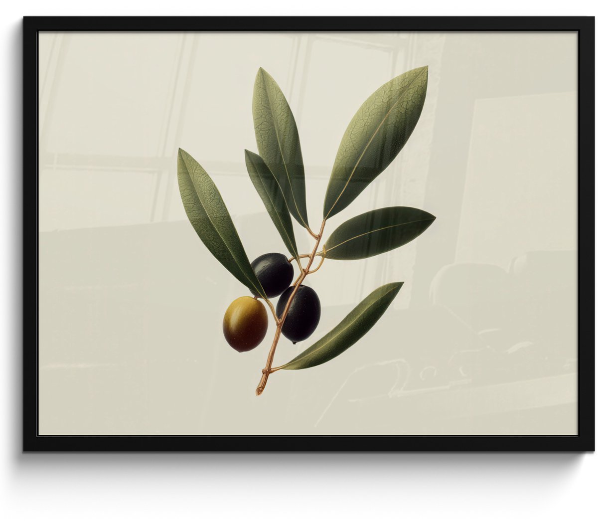 FrameYourWall Poster in lijst - Fotolijst 70x50 cm - Posters - Olijftak - Donkergroen - Olijven - Posterlijst zwart - Decoratie - Wanddecoratie woonkamer - Muurdecoratie slaapkamer
