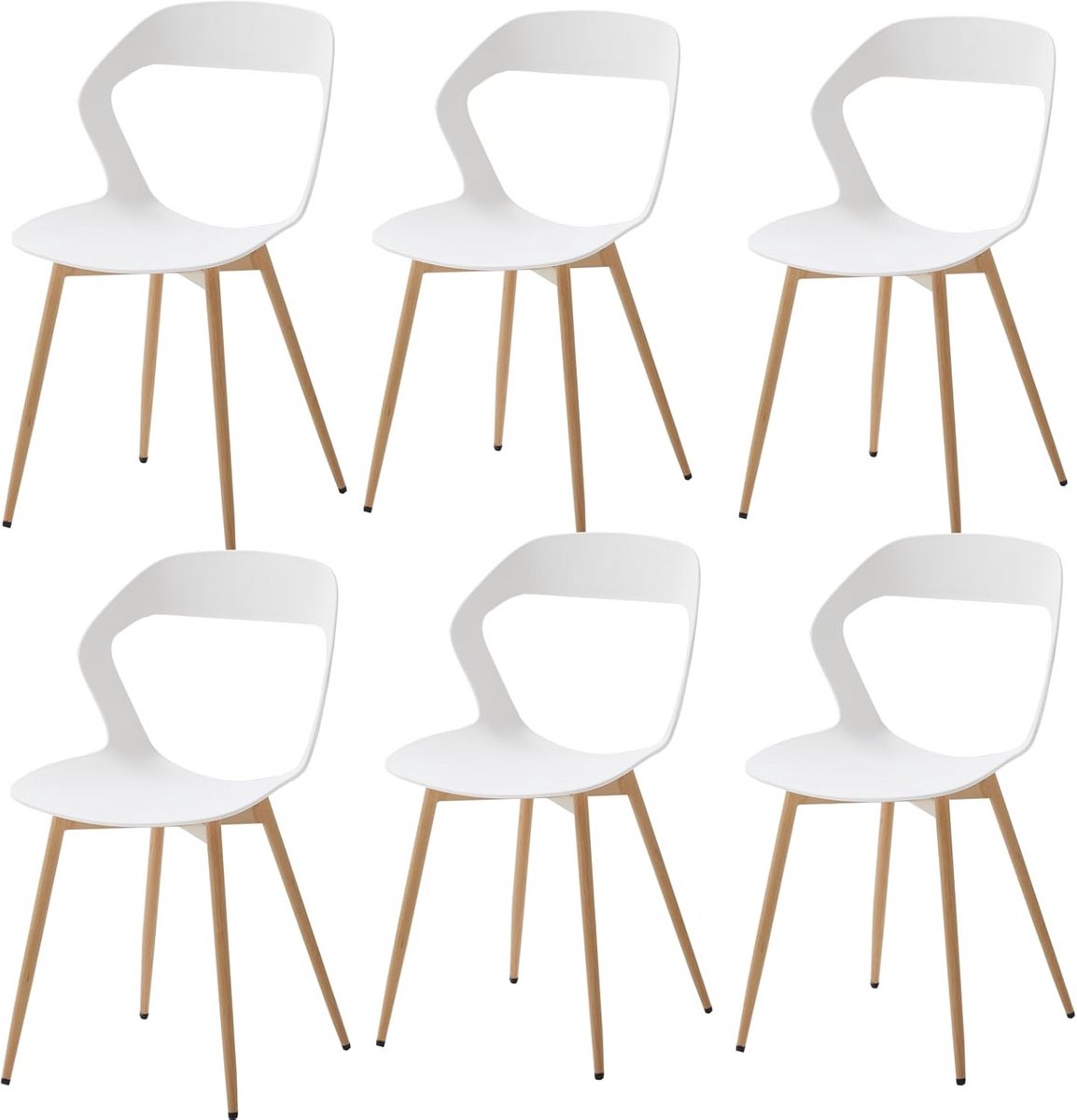 Set van 6 Eetkamerstoelen met Holle Rugleuning en Houtnerf Accent - Witte Keukenstoelen