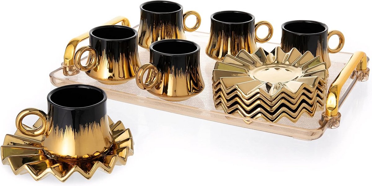 Luxe Koffiekopjes Set van 6 met Schotels en Dienblad - Keramische Espresso Mokken