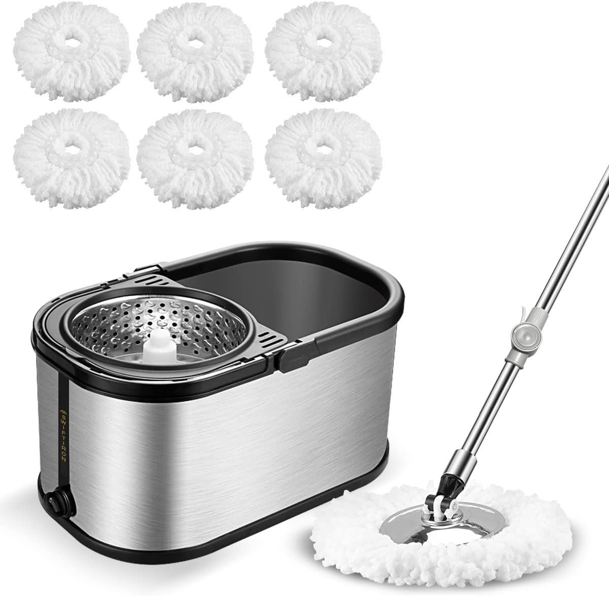 Spin Mop Emmer Systeem RVS met 6 Microfiber Vervangingshoofden en 4 Wielen