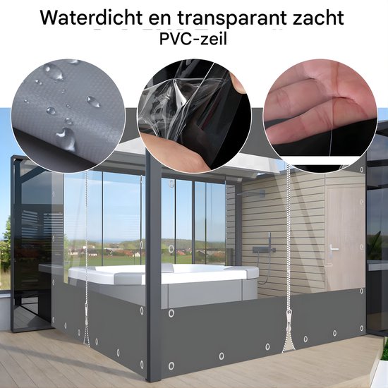 Waterdichte en transparante PVC-zeilen, met close-ups van waterdruppels en materiaal. Gemonteerd op een pergola rond een jacuzzi.