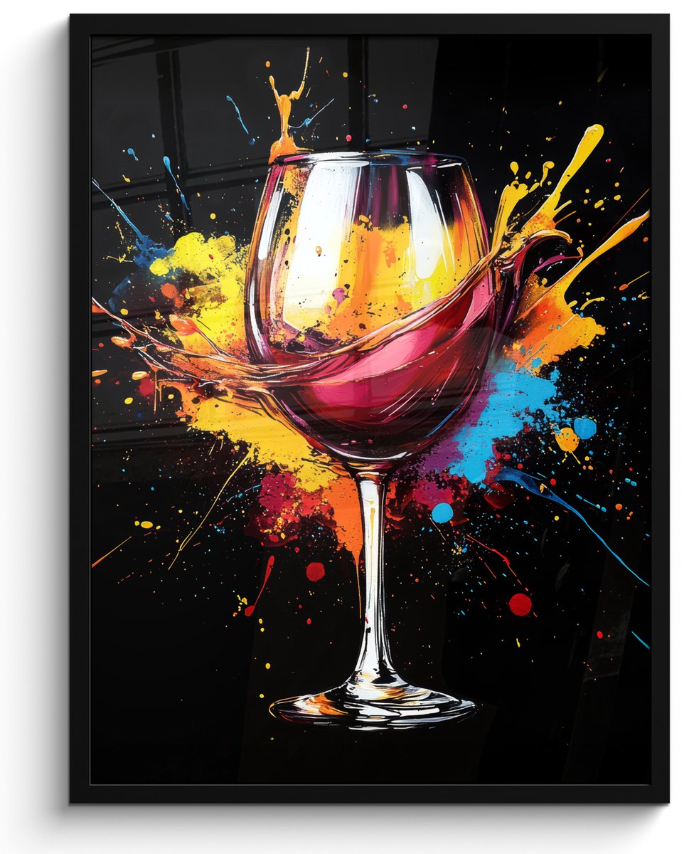 FrameYourWall Poster in lijst - Fotolijst 50x70 cm - Posters - Wijn - Glas - Graffiti - Borrel - Rood - Verf - Posterlijst zwart - Decoratie - Wanddecoratie woonkamer - Muurdecoratie slaapkamer Graffiti - Wijn