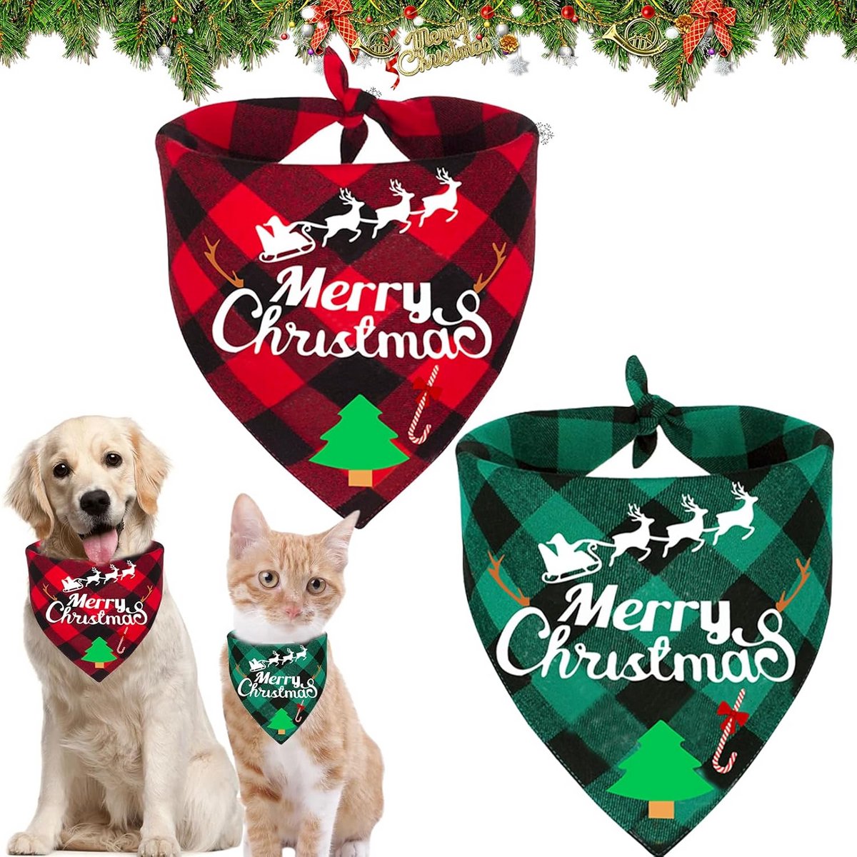 2x Kerst Bandana voor Hond en Kat - Katoenen Honden Sjaal in Geruit Patroon