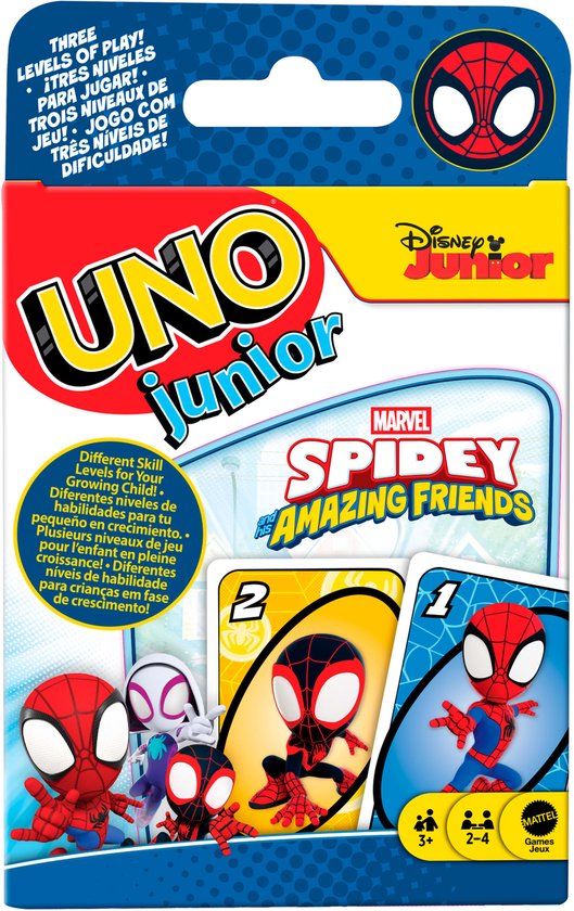 UNO Junior Spidey and Amazing Friends kaartspel met Spiderman, Ghost-Spider, Miles Morales en Spin.