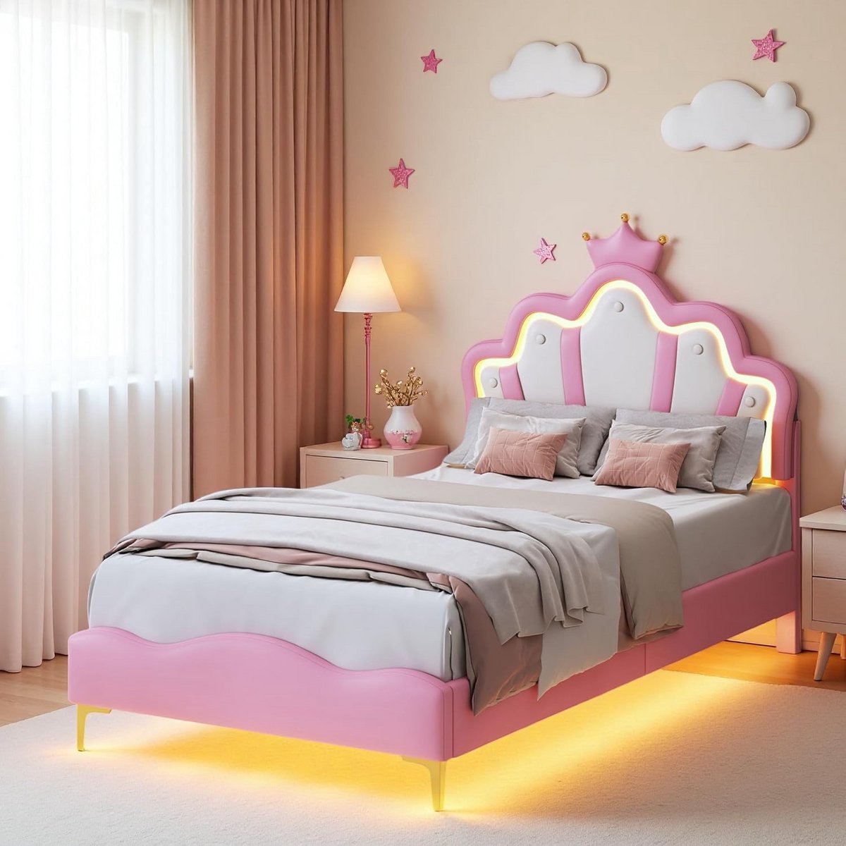 Gestoffeerd Eenpersoonsbed 90x200 cm met LED Verlichting en Hoofdeinde