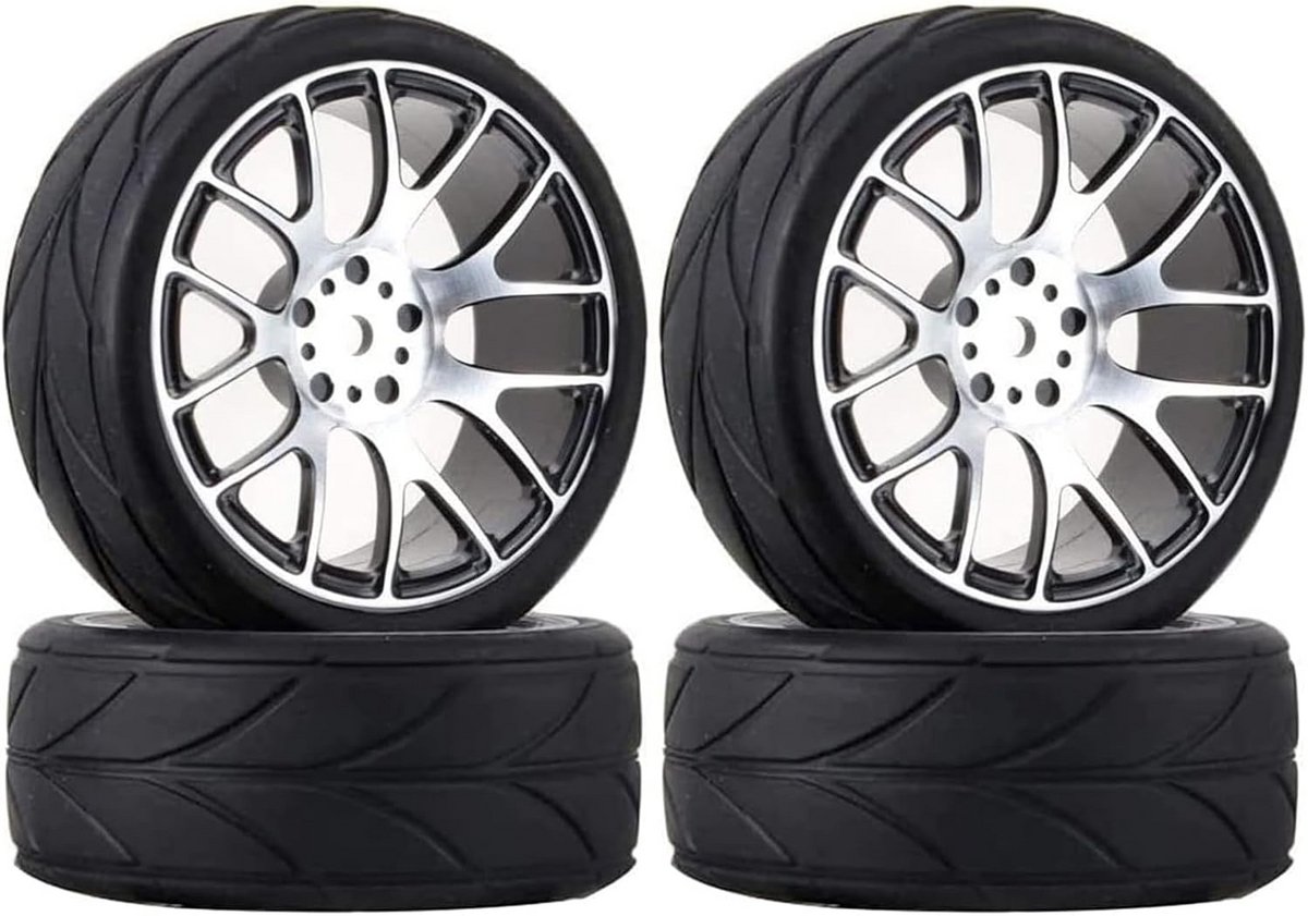 4x RC Auto Banden en Wielen Set 64mm Rubber met Aluminium Velgen voor 1/10 Toerwagen Raceauto