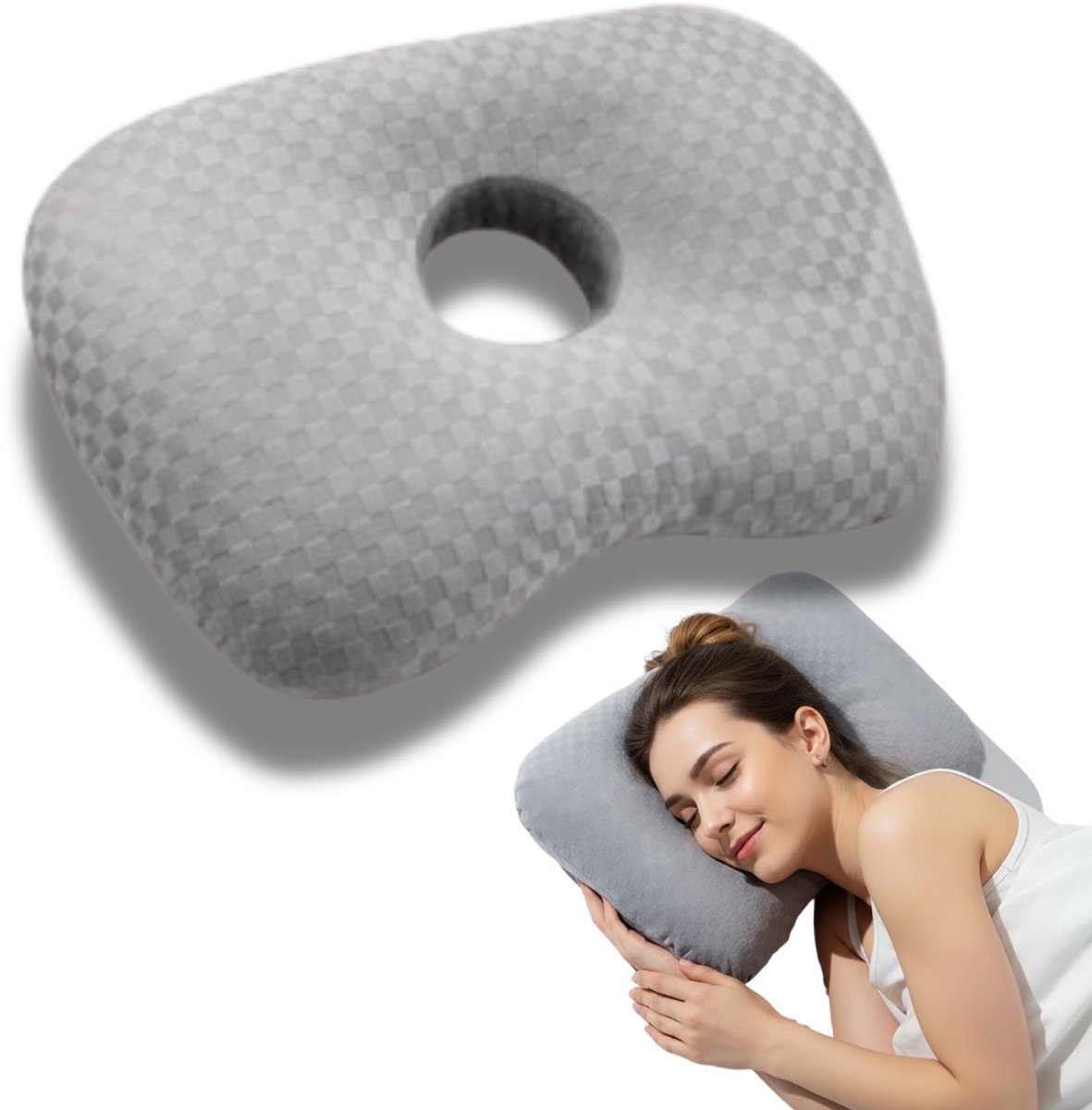 Piercing Kussen - Orthopedisch Oorkussen met Gat - Zijslaap Kussen Volwassenen - Ringkussen voor Oorpijn - Donut kussen - Grijs
