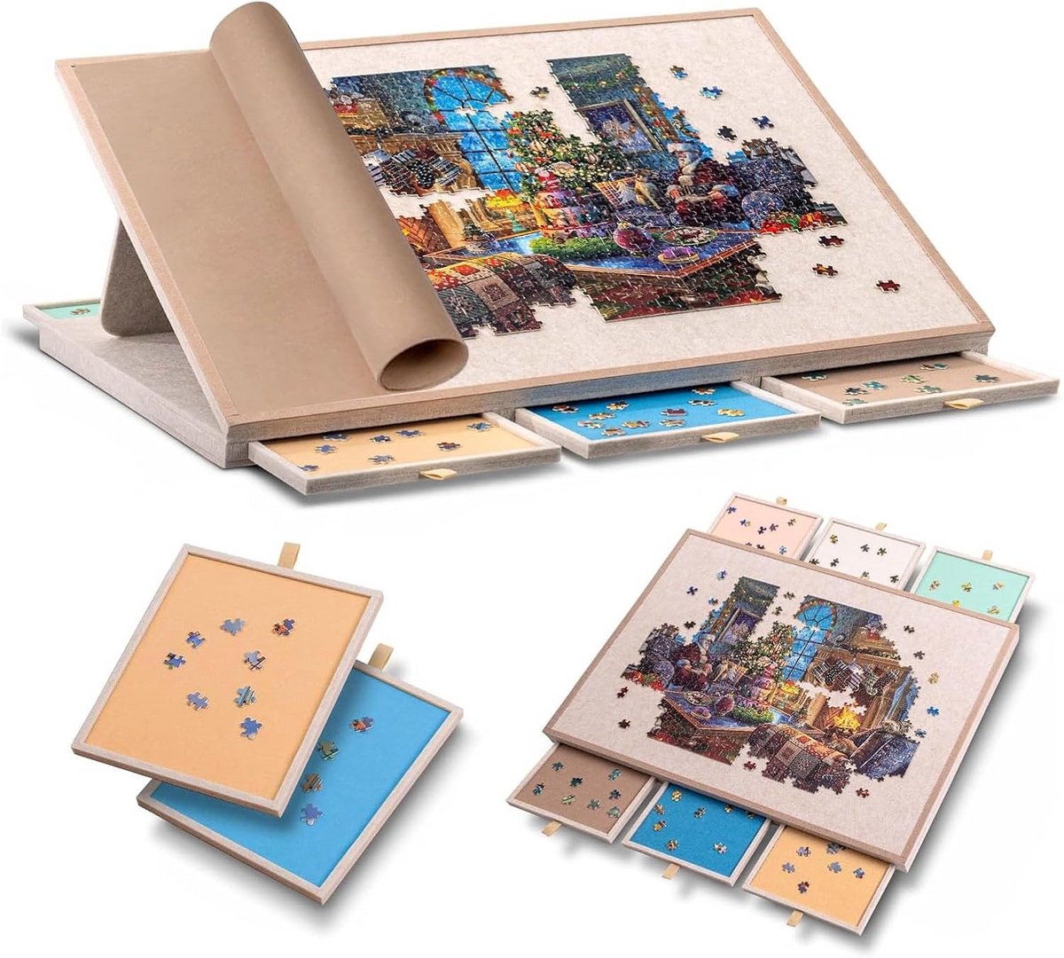 Kantelbare Puzzeltafel met 6 Sorteervakken en Standaard voor 1000 Stukjes