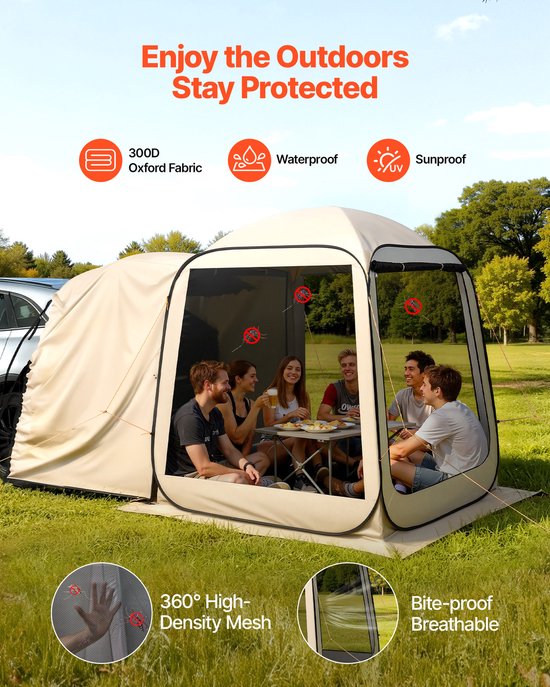 Screen House Tent, 1825 x 1825 x 2200 mm, pop-up SUV-achterklepbescherming voor 4-6 personen, draagbare luifel met draagtas, zijkanten van gaas, ideaal voor kamperen, de achtertuin en buitenevenementen, beige — afbeelding 2