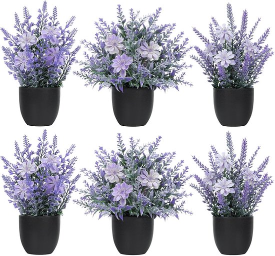 Set van 6 paarse kunstlavendel planten in pot voor binnen - realistische nepbloemen voor decoratie