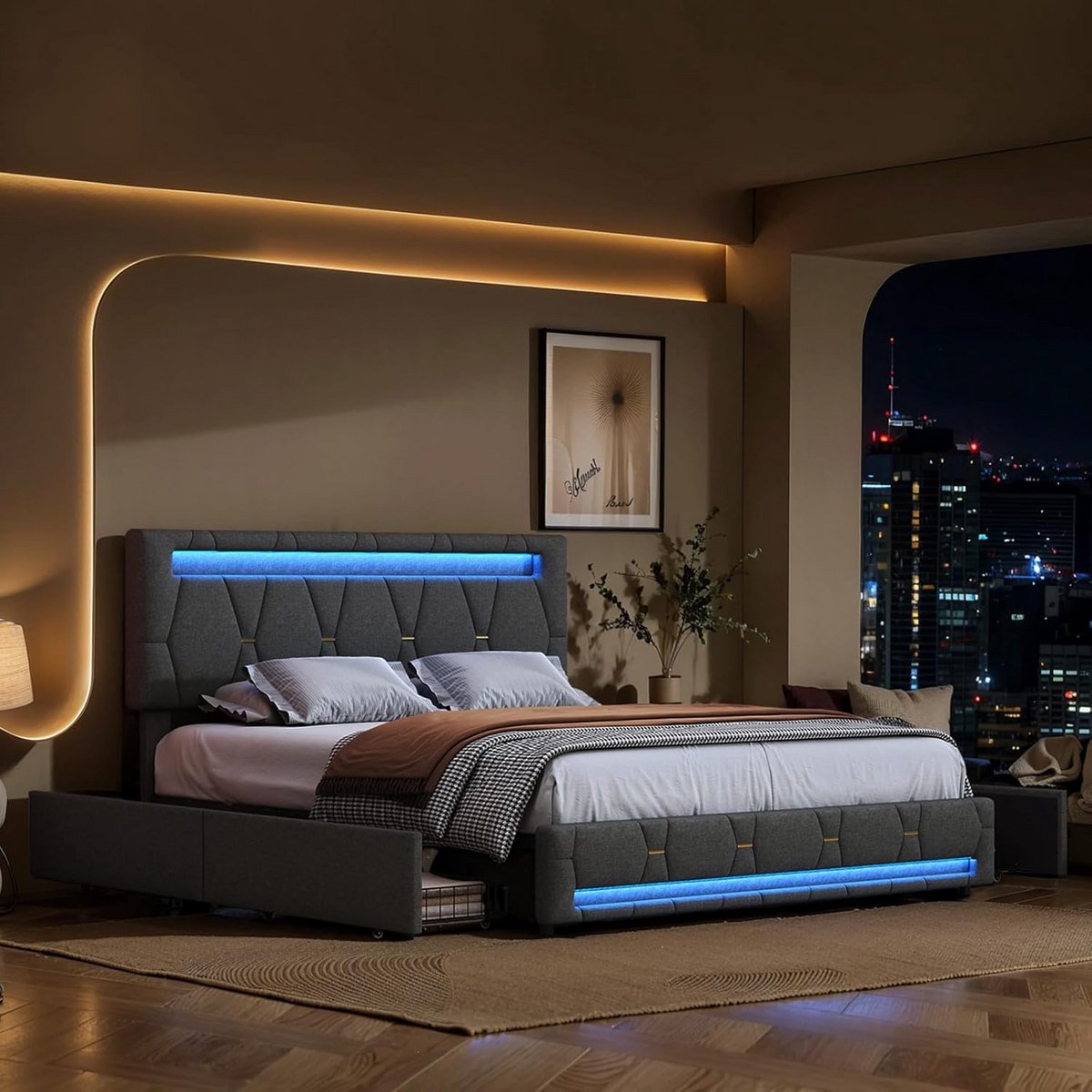 Gestoffeerd Tweepersoonsbed met Opbergruimte, LED Verlichting en USB Opladen 160x200 cm Grijs