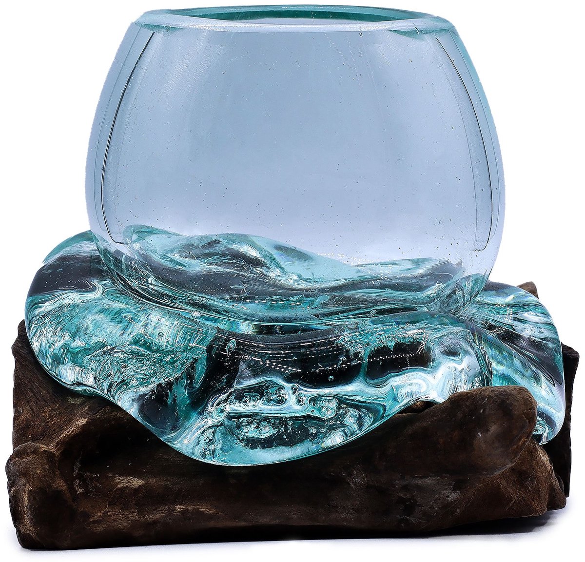 Gesmolten Glas Kom op Hout - (hxbxd) ca. 17cm x 13cm x 13cm - handgemaakt van hout en gerecycled glas