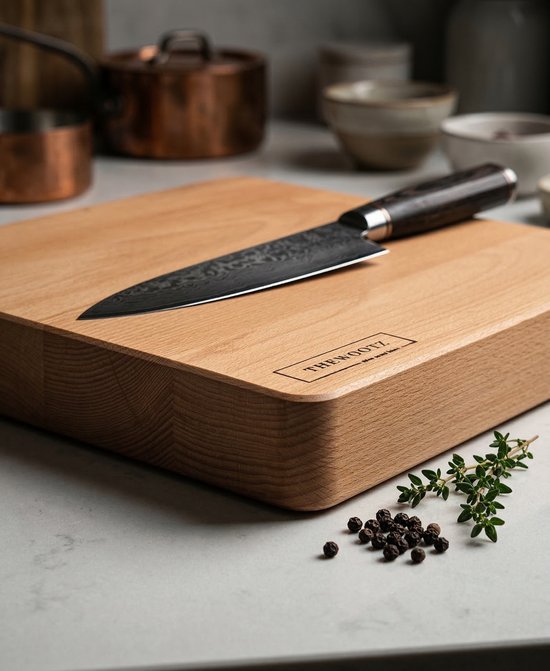 Billot TheWootz – Fabriqué à la main aux Pays-Bas – Bois de hêtre massif – 40×40×6 cm – Pour viande, légumes et travaux de hachage intensifs