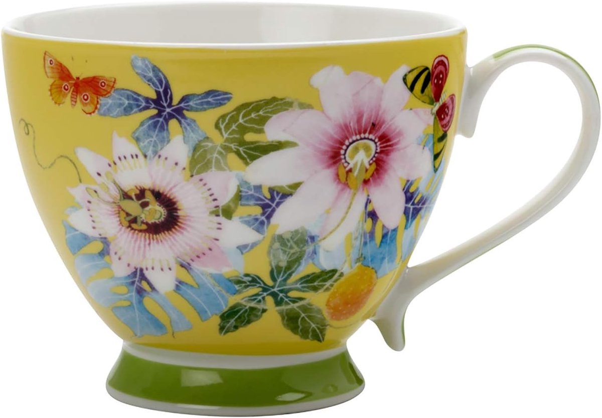 Theekop en Schotel Set, Porselein met Tropisch Bloemenpatroon, In Geschenkverpakking