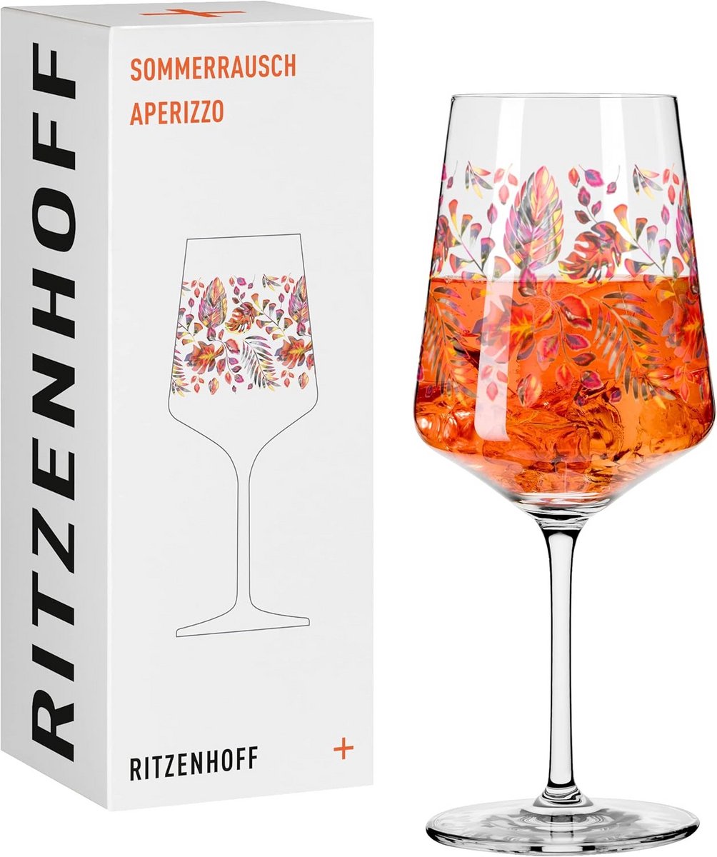Groot Aperitiefglas 500ml Kristalglas met Zomerbladeren Motief - Oranje en Bruin