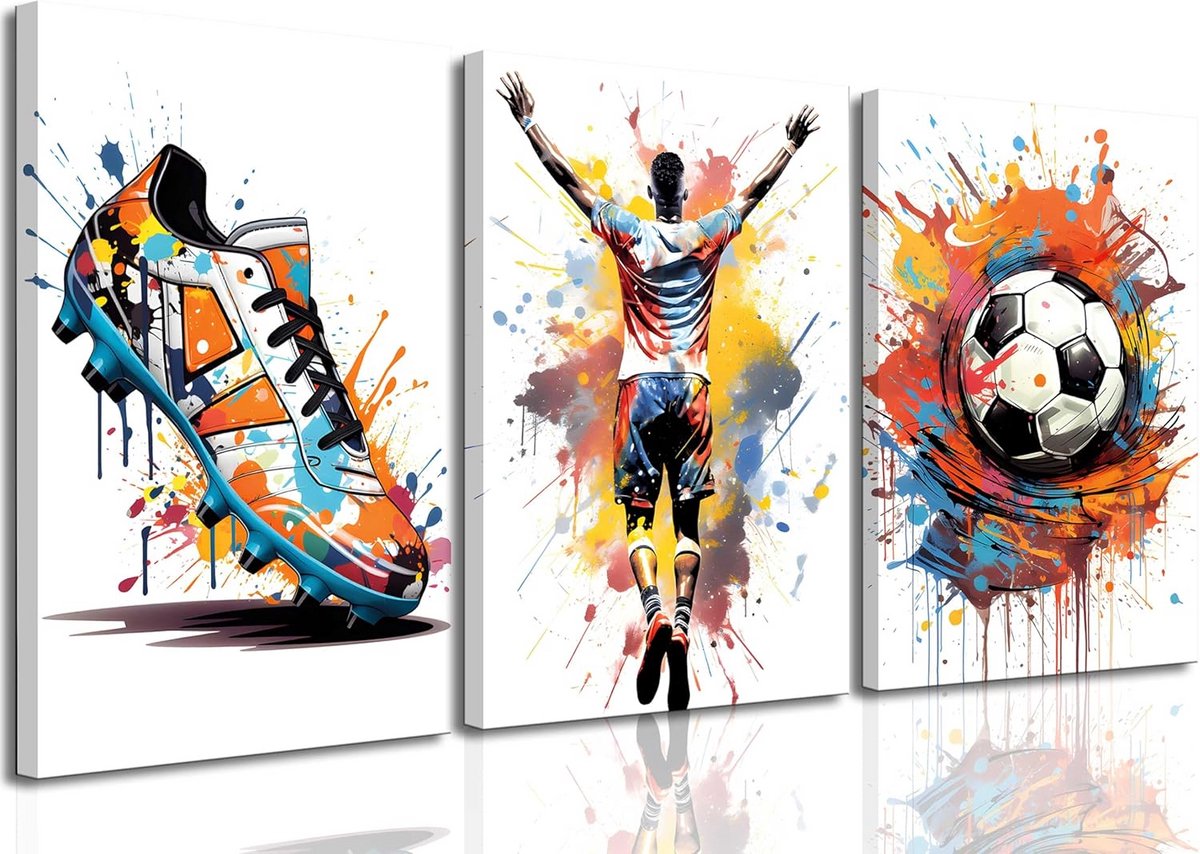 Set van 3 Voetbalcanvas Kunstwerken - Graffiti Sneakers en Sportprints voor Jongenskamer
