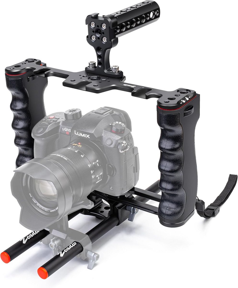 Universele Metalen Video Camera Kooi Rig met Dubbele Staaf Bevestiging