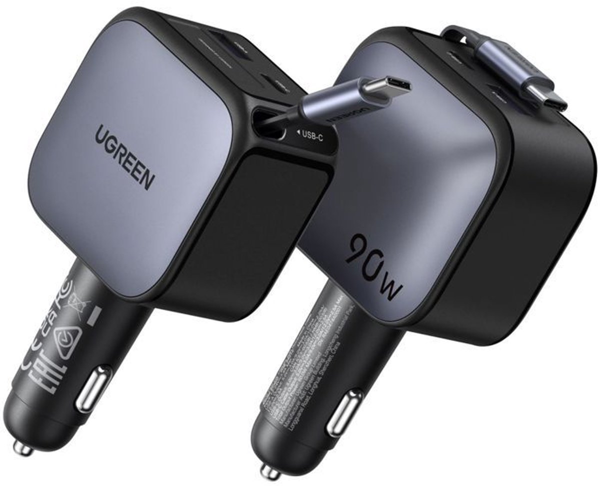 UGREEN 3-in-1 autolader sigarettenaansteker 90W met intrekbare USB-C kabel 60W snel opladen voor iPhone, MacBook, Galaxy - Afbeelding 4