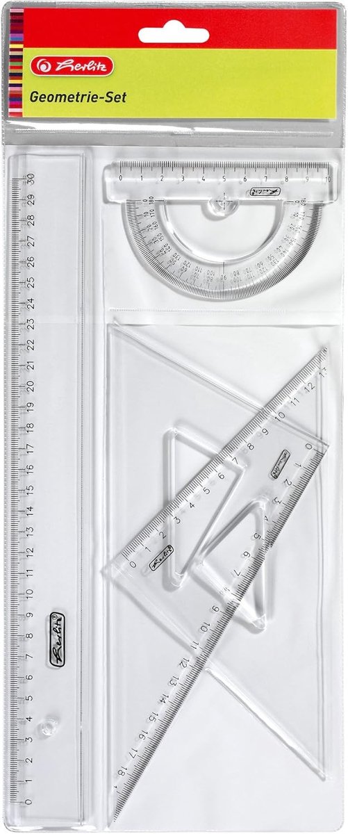 Geometrische Tekenset 4-Delig - Liniaal, Graduatieboog en Driehoeken - Doorzichtig Kunststof