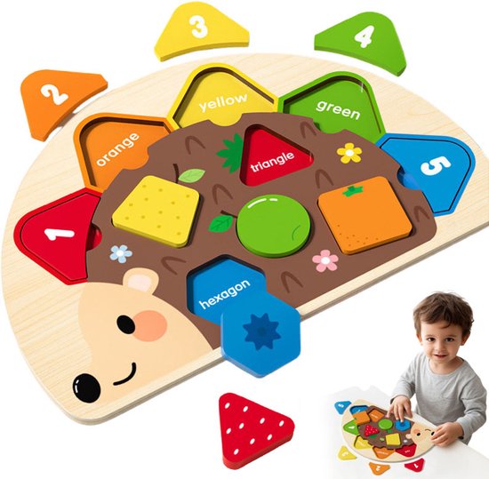 Foto: Montessori speelgoed houten puzzel met kleuren sensorisch educatief speelgoed voor kinderen egelvorm puzzel cadeau voor baby s jongens en meisjes paas kerst en verjaardagscadeau