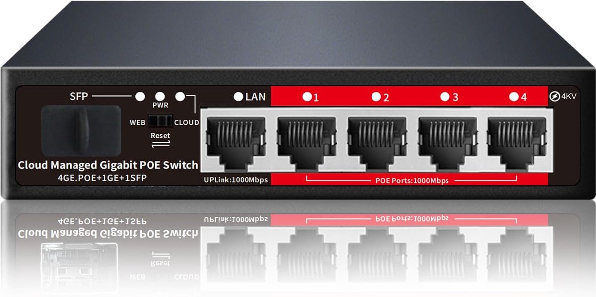 5-Poorts Gigabit PoE+ Switch met 4 PoE-poorten, Cloud Beheerd en SFP-slot