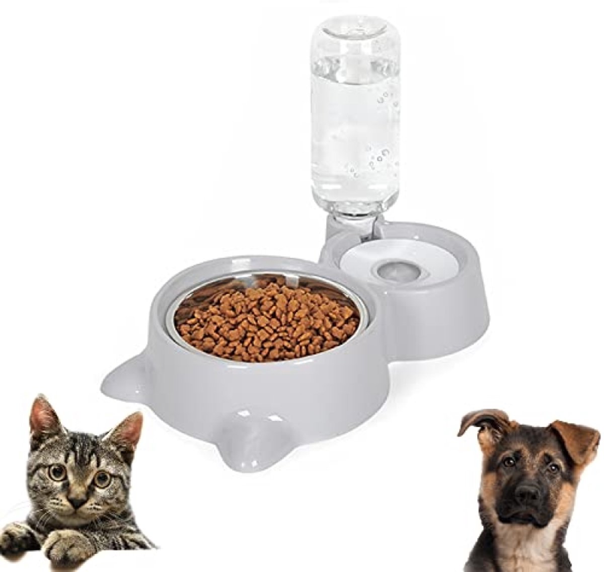 Automatische voer- en drinkbak voor huisdieren, 2-in-1 ontwerp met waterdispenser, grijs