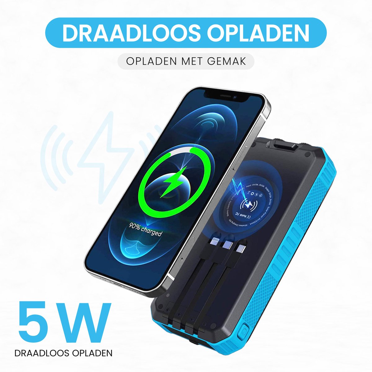 Solar Powerbank 30.000 mAh met Ingebouwde Kabels en - afbeelding 3