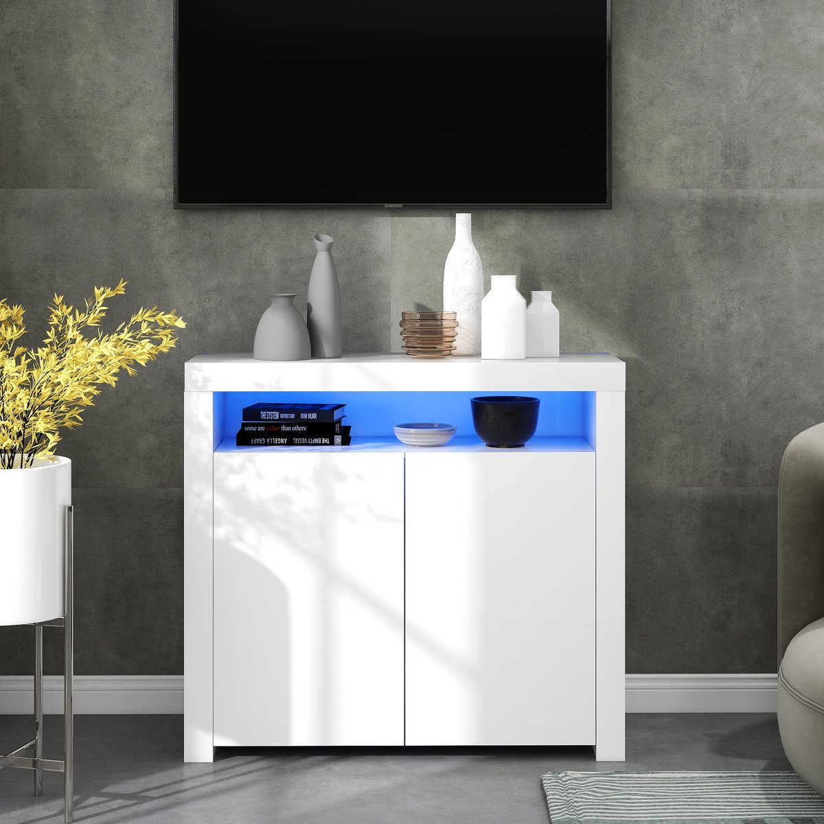 MODFU Sideboard - LED-Verlichting En 2 Deuren - Modern - Woonkamer - Hout - Wit - 108 x 40 x 92 cm