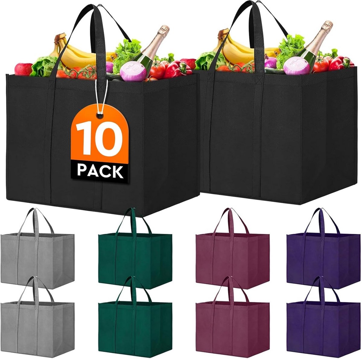 10-Pack Herbruikbare Grote Vouwbare Boodschappentassen met Lange Handvat