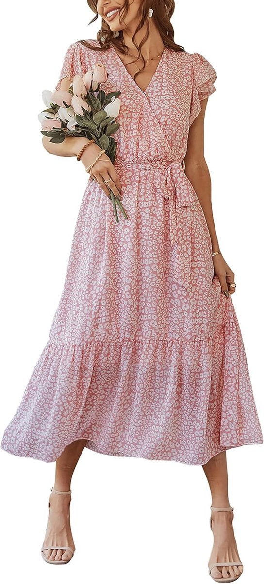 Elegante Zomerjurk voor Dames met V-Hals en Bloemenprint, Lange A-lijn Wikkeljurk