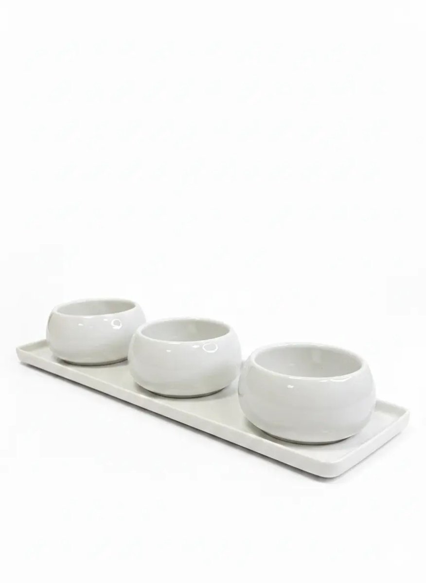 Chubby - snackkommen set - 4-delig - keramiek - wit - met dienblad organisch design