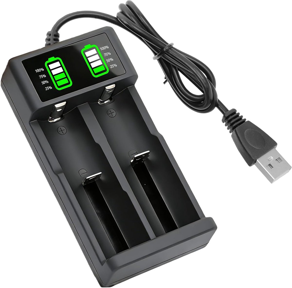 Batterijlader - Universele Lader - Accu Opladen - LCD Display - 2 Slots - Zwart