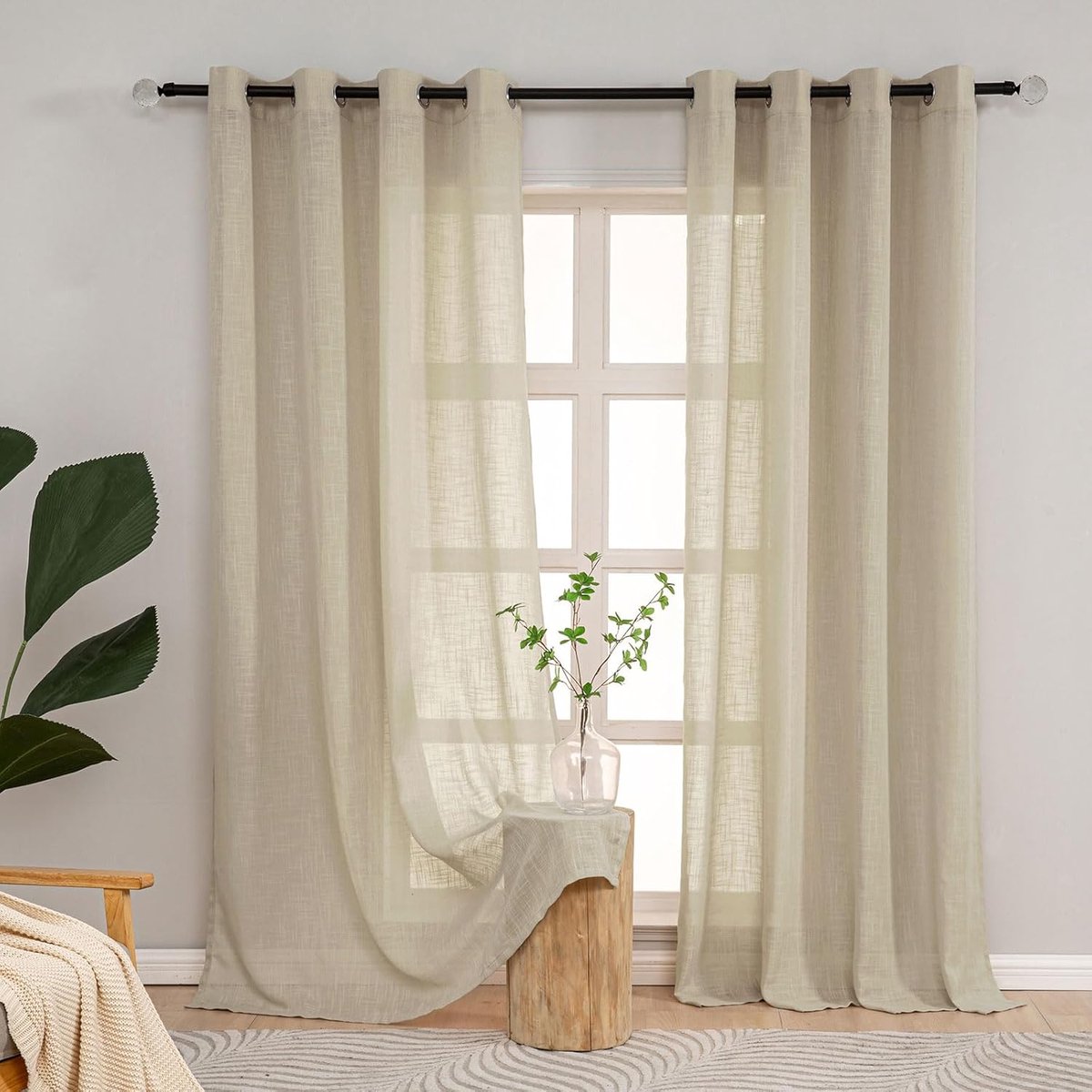 Set van 2 Linnenlook Vitrage Gordijnen Taupe - Halftransparant en Lichtdoorlatend - 175 cm Hoog