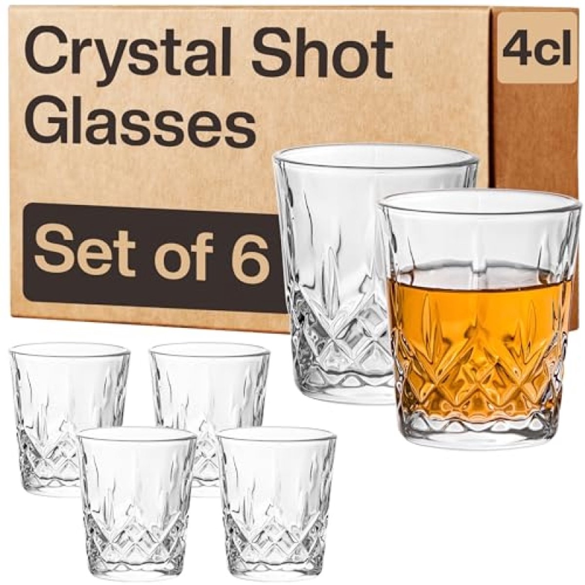 Set van 6 kristallen borrelglaasjes - Vaatwasbestendig - Dikke voet - Retro design