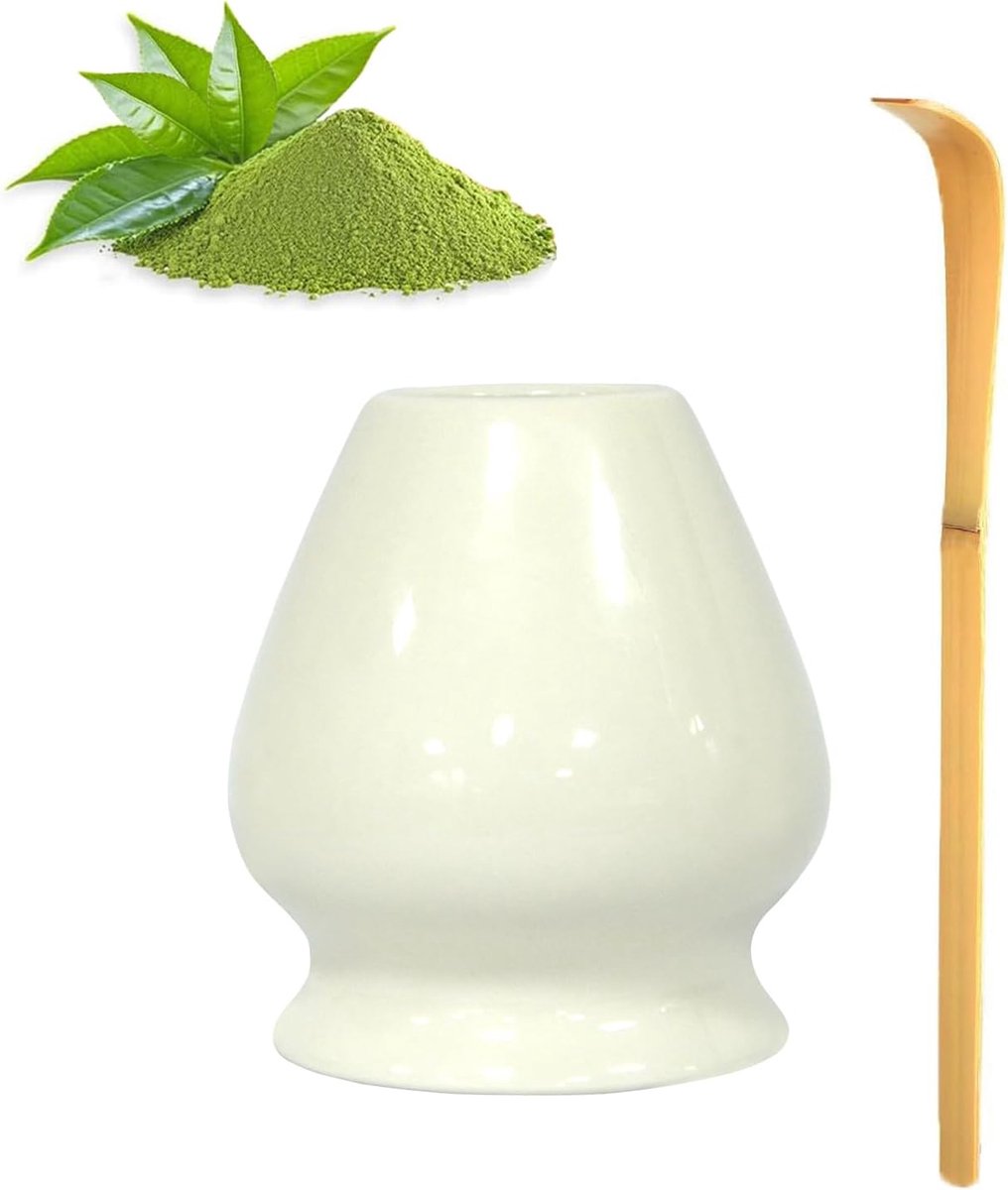 Complete Matcha Theeset met Klopperhouder en Lepel - Wit Keramiek