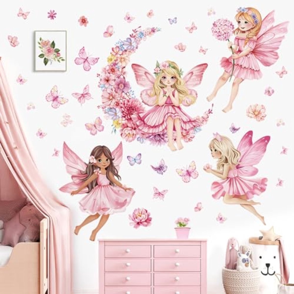 PromoHome Roze Fee Muurstickers - Magische Bloemen en Vlinders Decoratie voor Kinderkamer