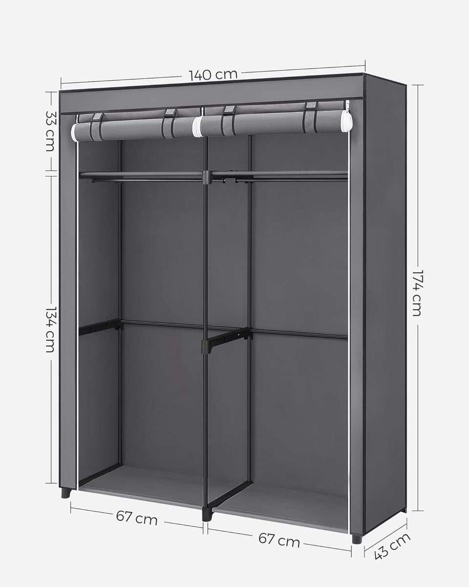 Opvouwbare Kledingkast met Kledingstangen en Planken – Stofkast voor Slaapkamer of Kleedkamer – Novihome – 140 x 43 x 174 cm – Moderne, Ruime Organiser voor Kleding en Accessoires