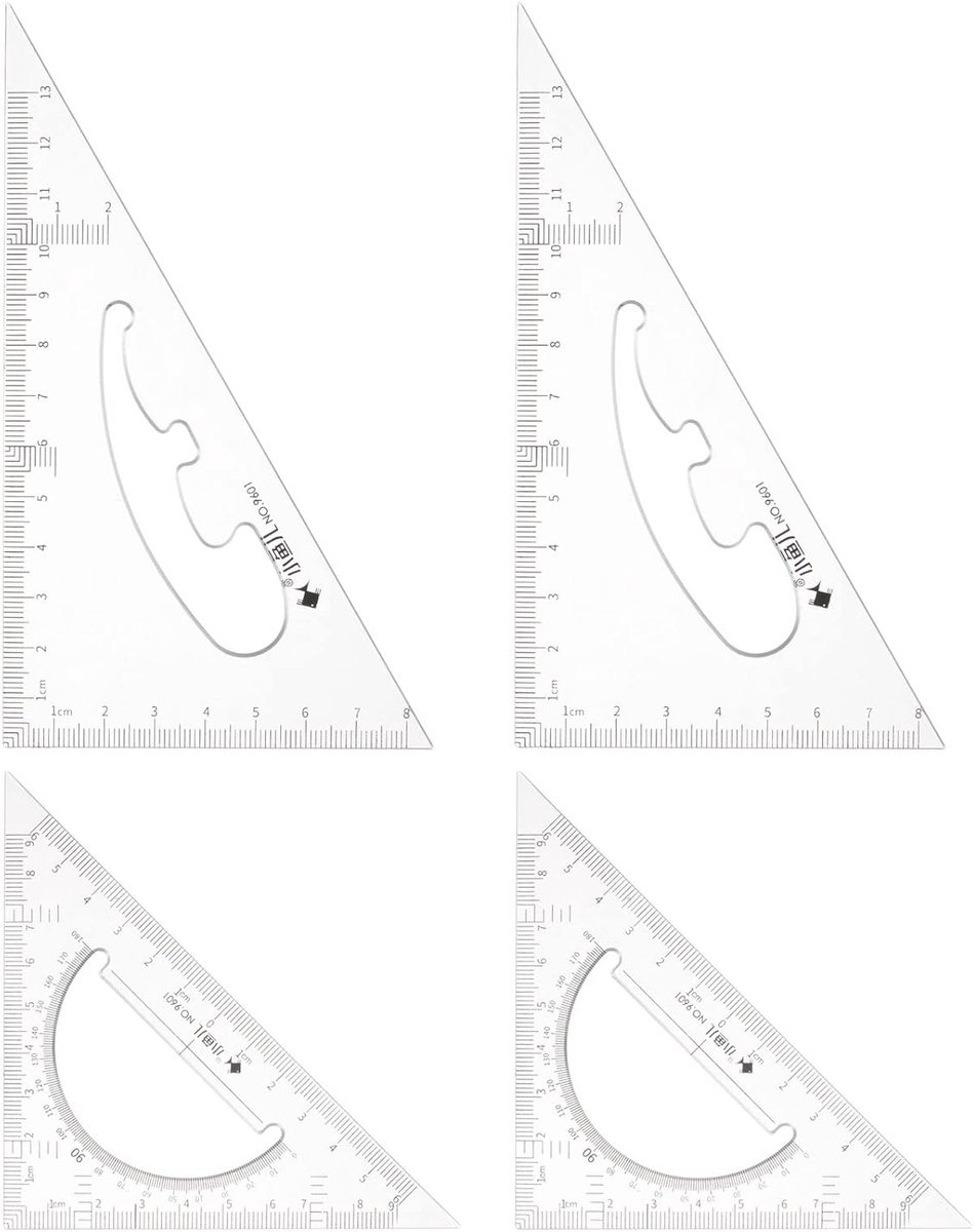2 stuks driehoekige liniaal, vierkant, 13 cm, 12 cm, 30/60 en 45/90 graden, meetgereedschap voor klaslokaal, thuiskantoor, transparant