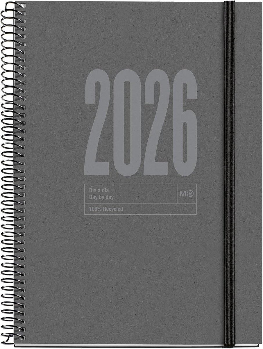 Sustainable Daily Planner 2026 - A5+ Formaat - Gerecycleerd Papier - Rubberen Sluiting - Meertalig (CAT-EN-PT)