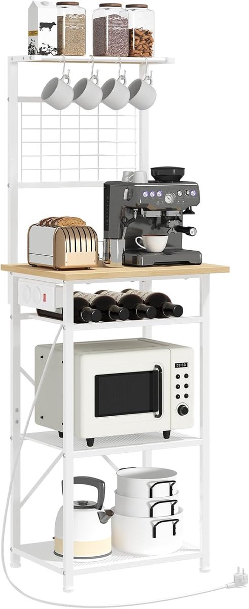 Keukenrek met Stopcontact en Magnetronhouder wit - Koffiehouder, Plank en Haak